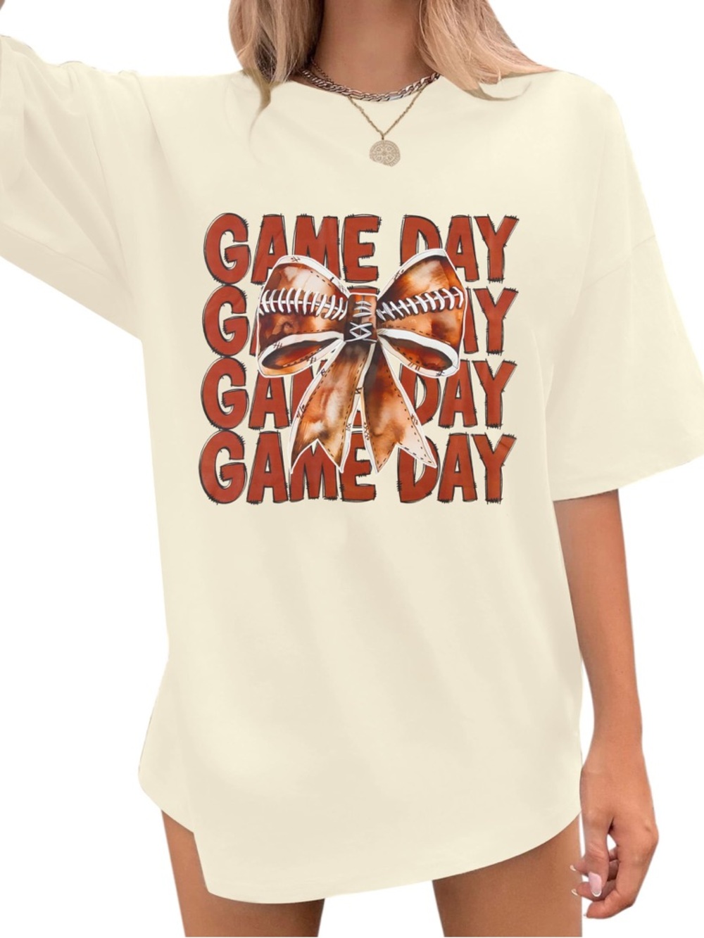 Cream Game Day Graphic Tee with Orange Football Bow